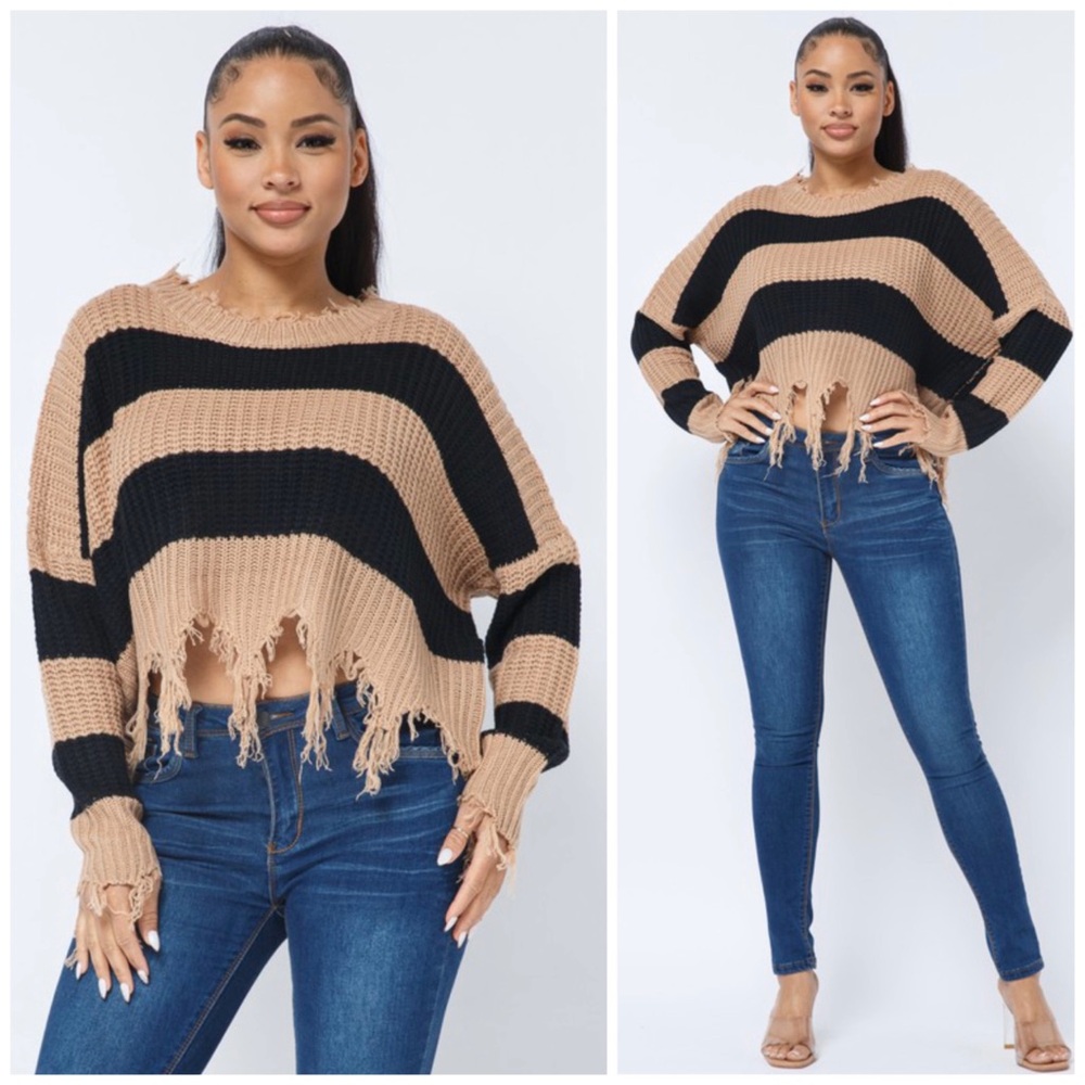 Striped distressed crop sweater